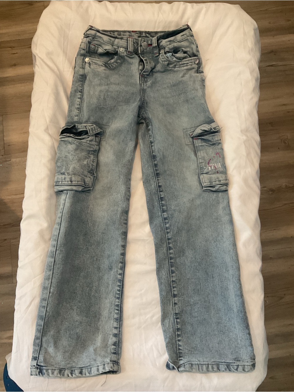 True Religion Light Wash Cargo Flare Jeans